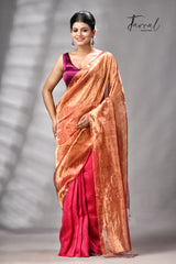 Golden Zari With Rani Colour Half Tissue Sequins & Half Matka Silk Handloom Saree