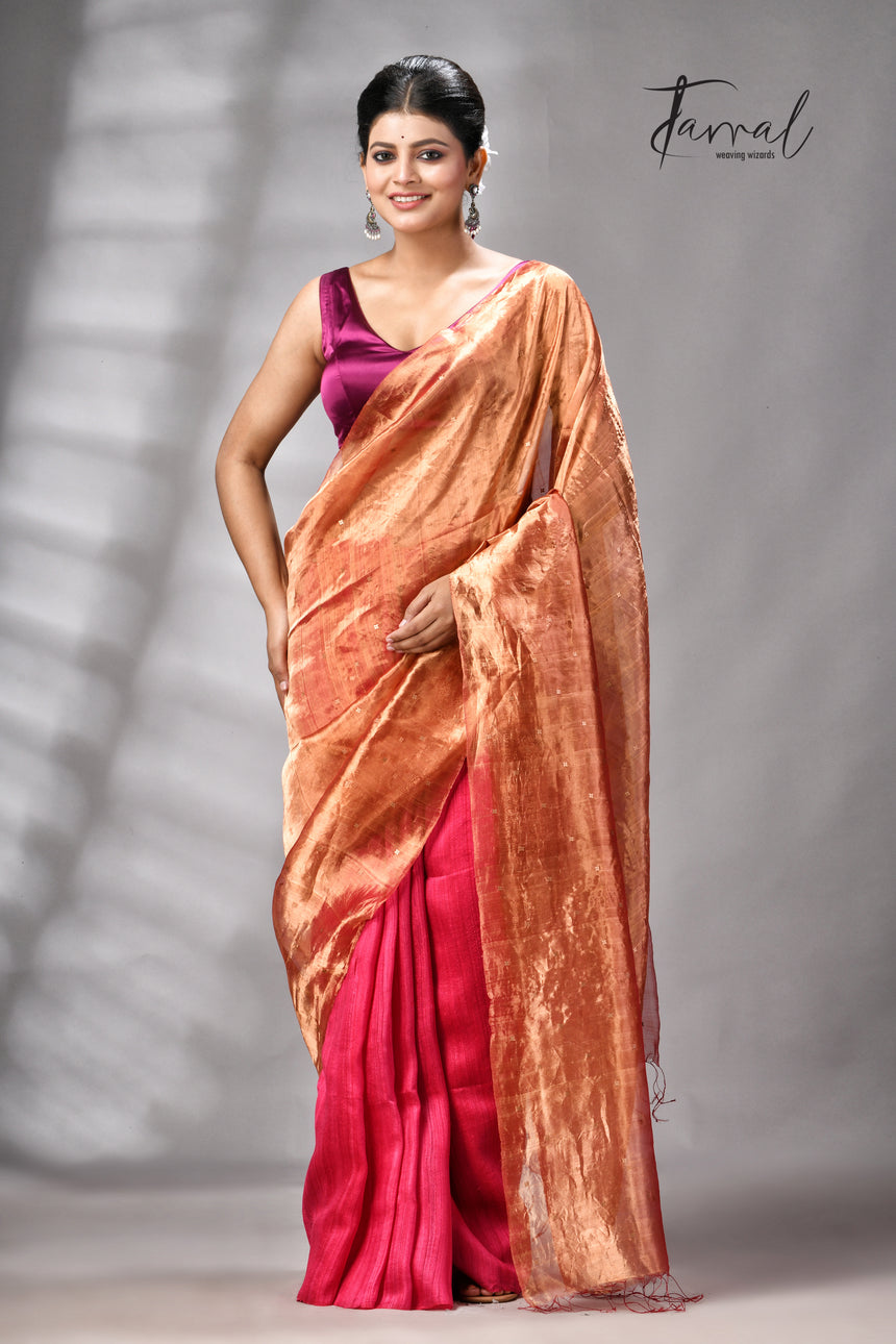 Golden Zari With Rani Colour Half Tissue Sequins & Half Matka Silk Handloom Saree