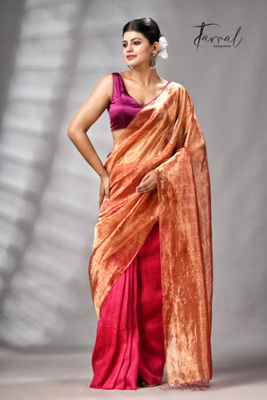 Golden Zari With Rani Colour Half Tissue Sequins & Half Matka Silk Handloom Saree