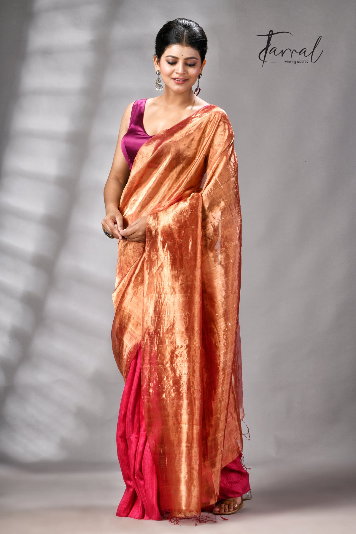 Golden Zari With Rani Colour Half Tissue Sequins & Half Matka Silk Handloom Saree