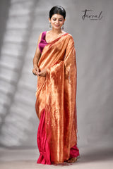 Golden Zari With Rani Colour Half Tissue Sequins & Half Matka Silk Handloom Saree