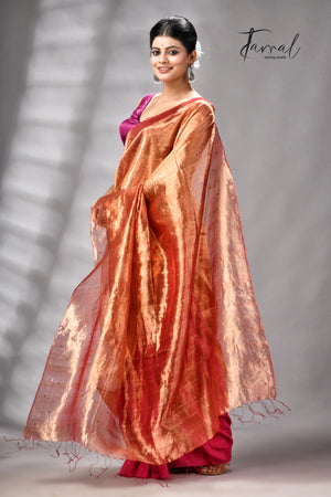 Golden Zari With Rani Colour Half Tissue Sequins & Half Matka Silk Handloom Saree