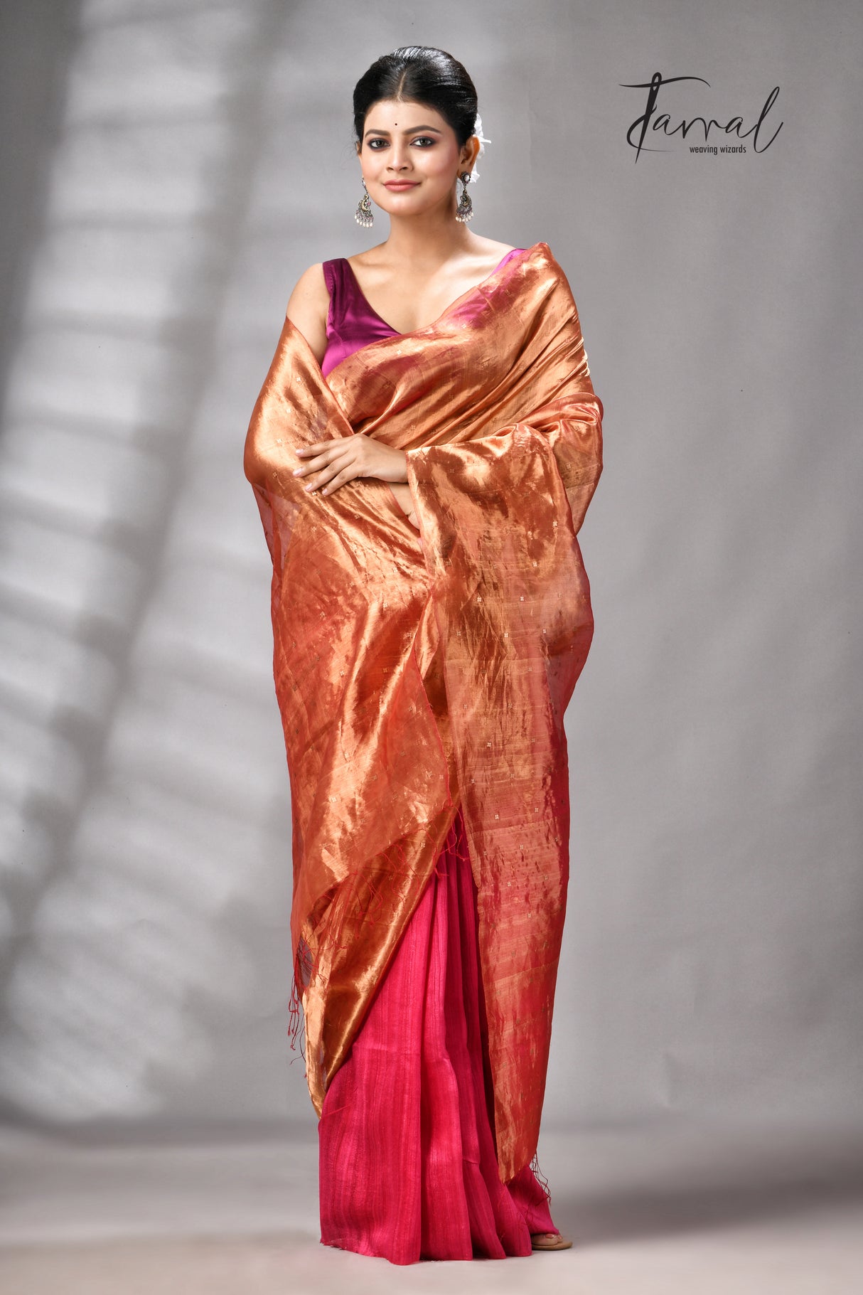 Golden Zari With Rani Colour Half Tissue Sequins & Half Matka Silk Handloom Saree