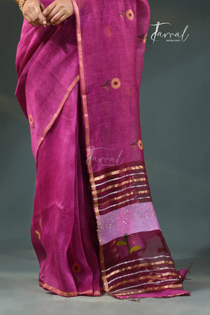 Deep onion pink silk linen handwoven jamdani saree