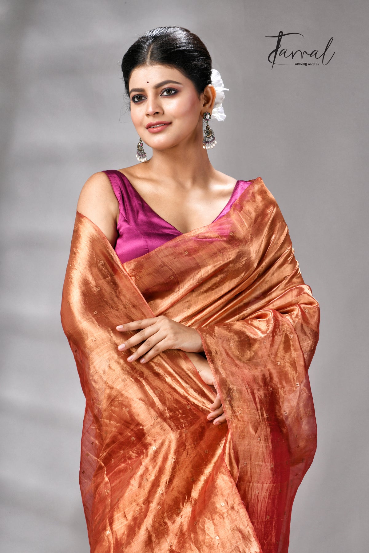 Golden Zari With Rani Colour Half Tissue Sequins & Half Matka Silk Handloom Saree
