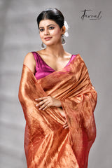 Golden Zari With Rani Colour Half Tissue Sequins & Half Matka Silk Handloom Saree