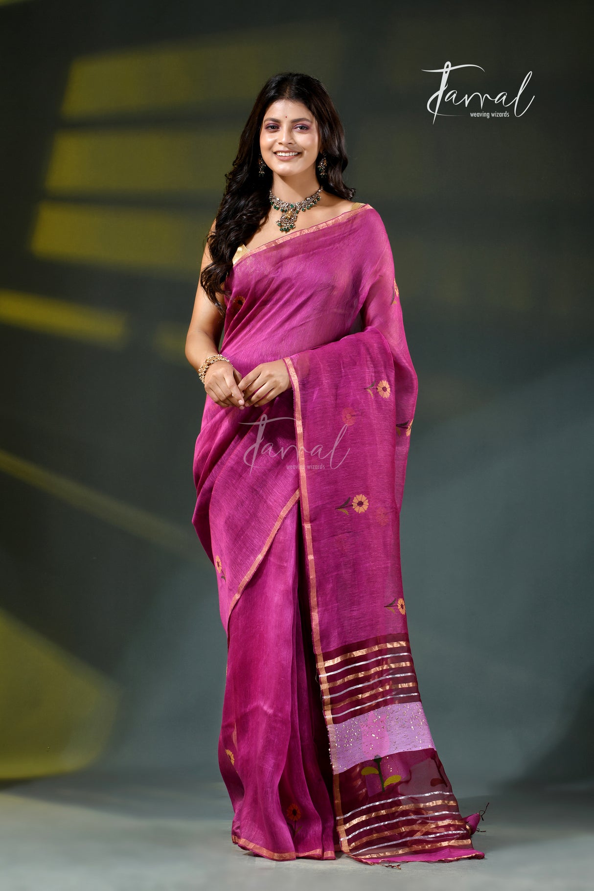 Deep onion pink silk linen handwoven jamdani saree