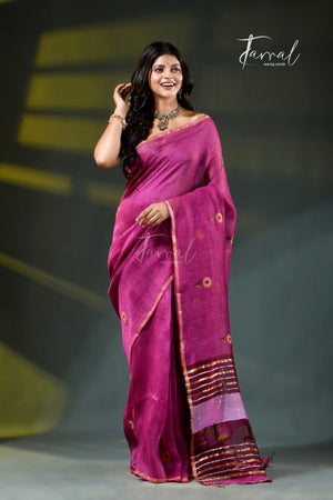 Deep onion pink silk linen handwoven jamdani saree
