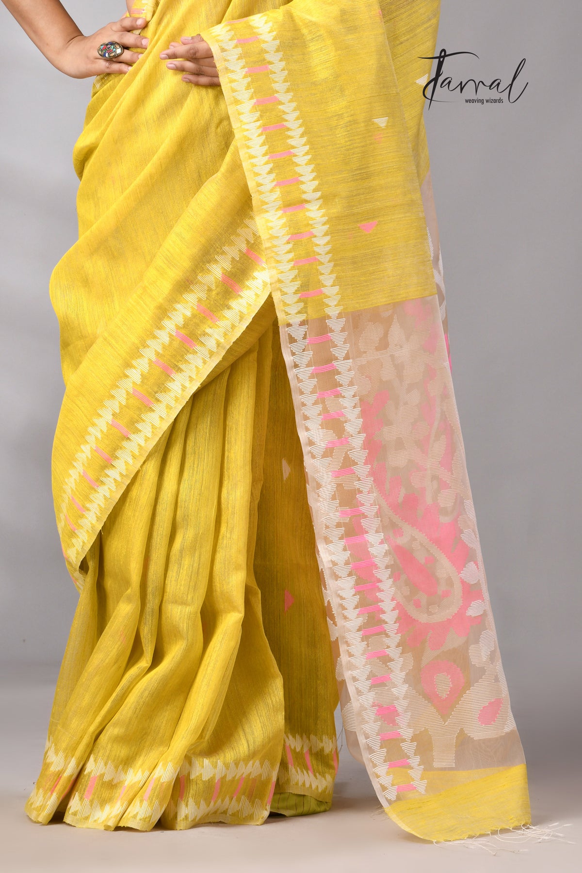 Golden Yellow With Pink & White Kalka Motifs Matka Silk Handwoven Jamdani Saree