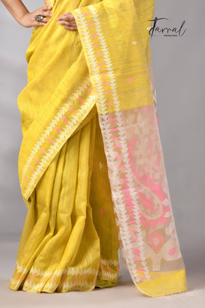 Golden Yellow With Pink & White Kalka Motifs Matka Silk Handwoven Jamdani Saree