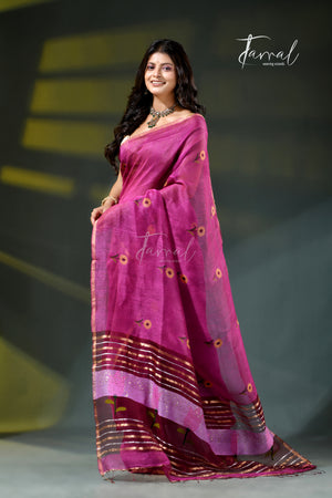 Deep onion pink silk linen handwoven jamdani saree