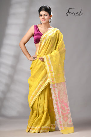 Golden Yellow With Pink & White Kalka Motifs Matka Silk Handwoven Jamdani Saree