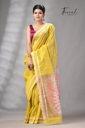 Golden Yellow With Pink & White Kalka Motifs Matka Silk Handwoven Jamdani Saree