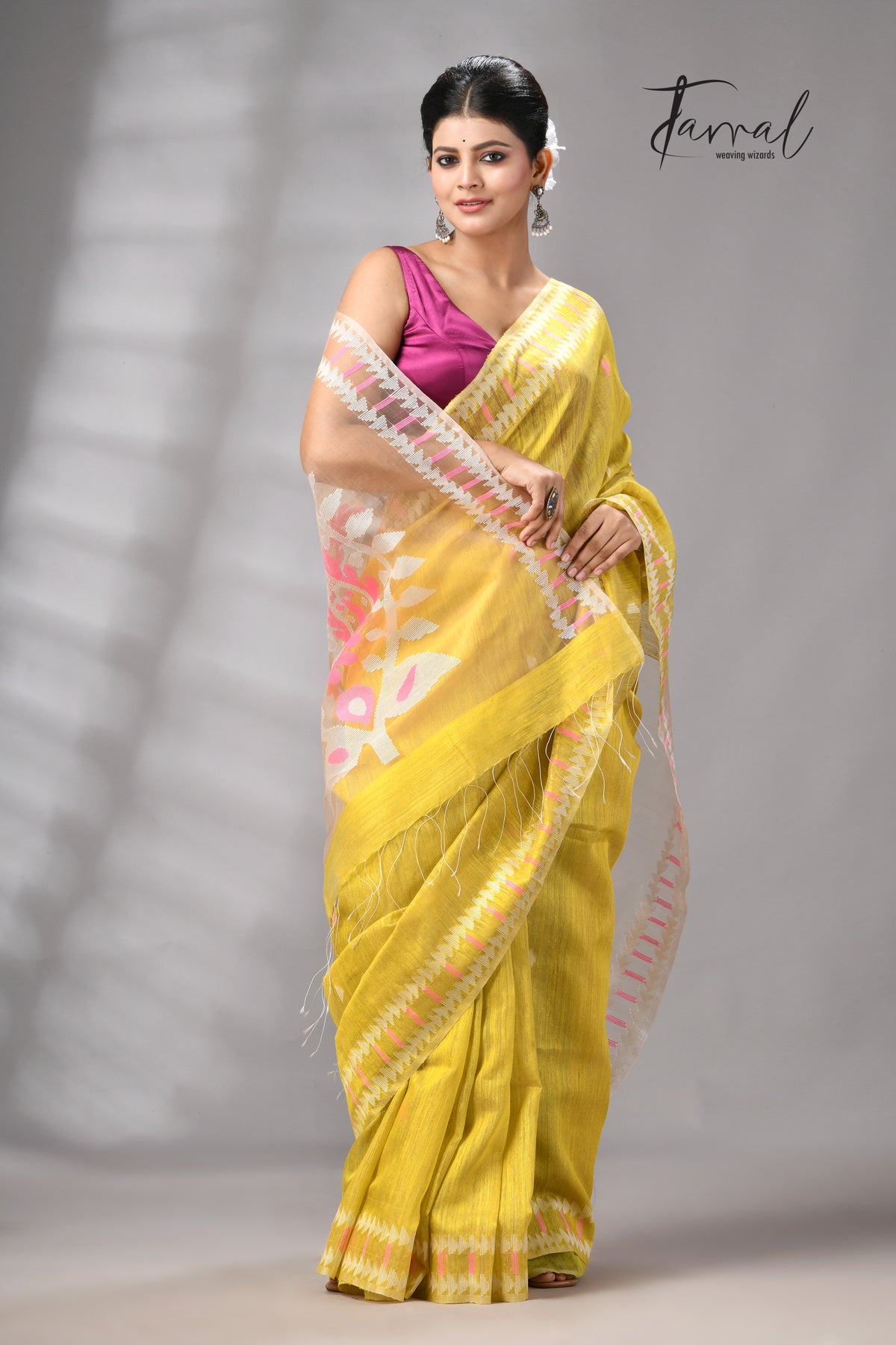Golden Yellow With Pink & White Kalka Motifs Matka Silk Handwoven Jamdani Saree
