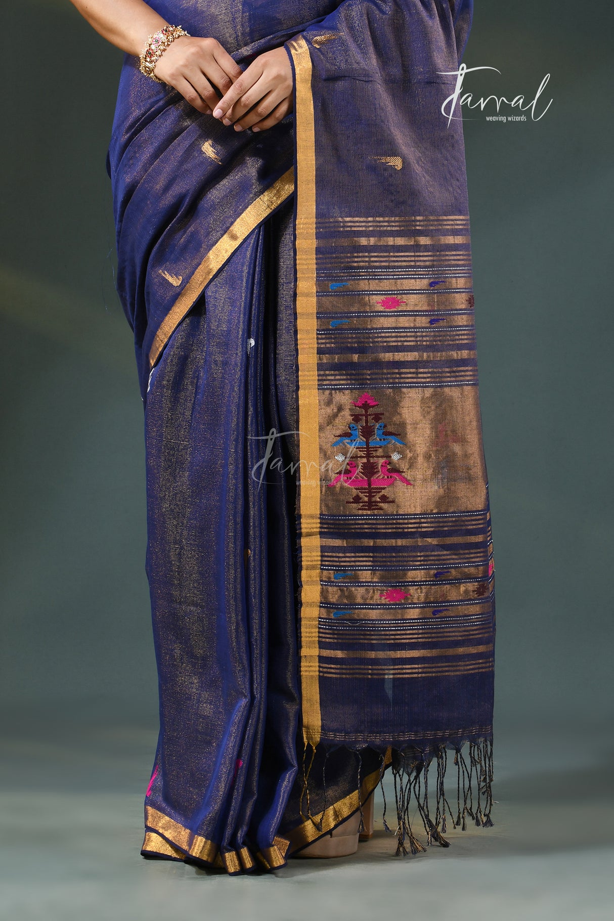 Indigo with golden zari tissue cotton handloom paithani saree