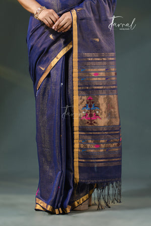 Indigo with golden zari tissue cotton handloom paithani saree