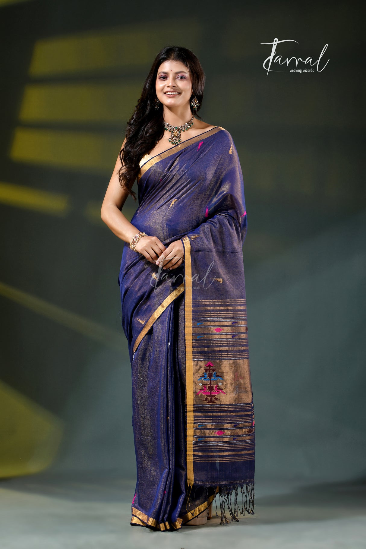 Indigo with golden zari tissue cotton handloom paithani saree