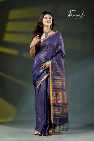 Indigo with golden zari tissue cotton handloom paithani saree