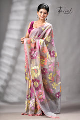 Grey With Dust Pink Border Allover Floral Handwoven Muslin Silk Jamdani Saree
