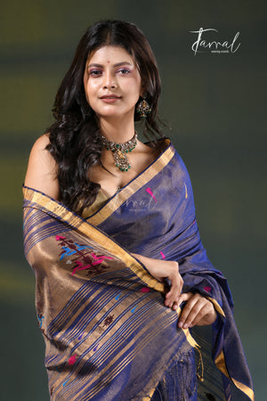 Indigo with golden zari tissue cotton handloom paithani saree