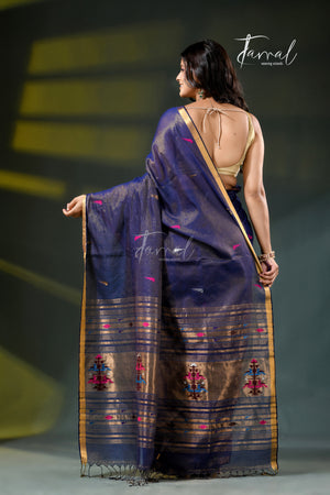 Indigo with golden zari tissue cotton handloom paithani saree