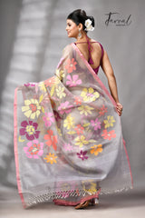 Grey With Dust Pink Border Allover Floral Handwoven Muslin Silk Jamdani Saree