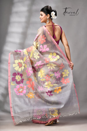 Grey With Dust Pink Border Allover Floral Handwoven Muslin Silk Jamdani Saree