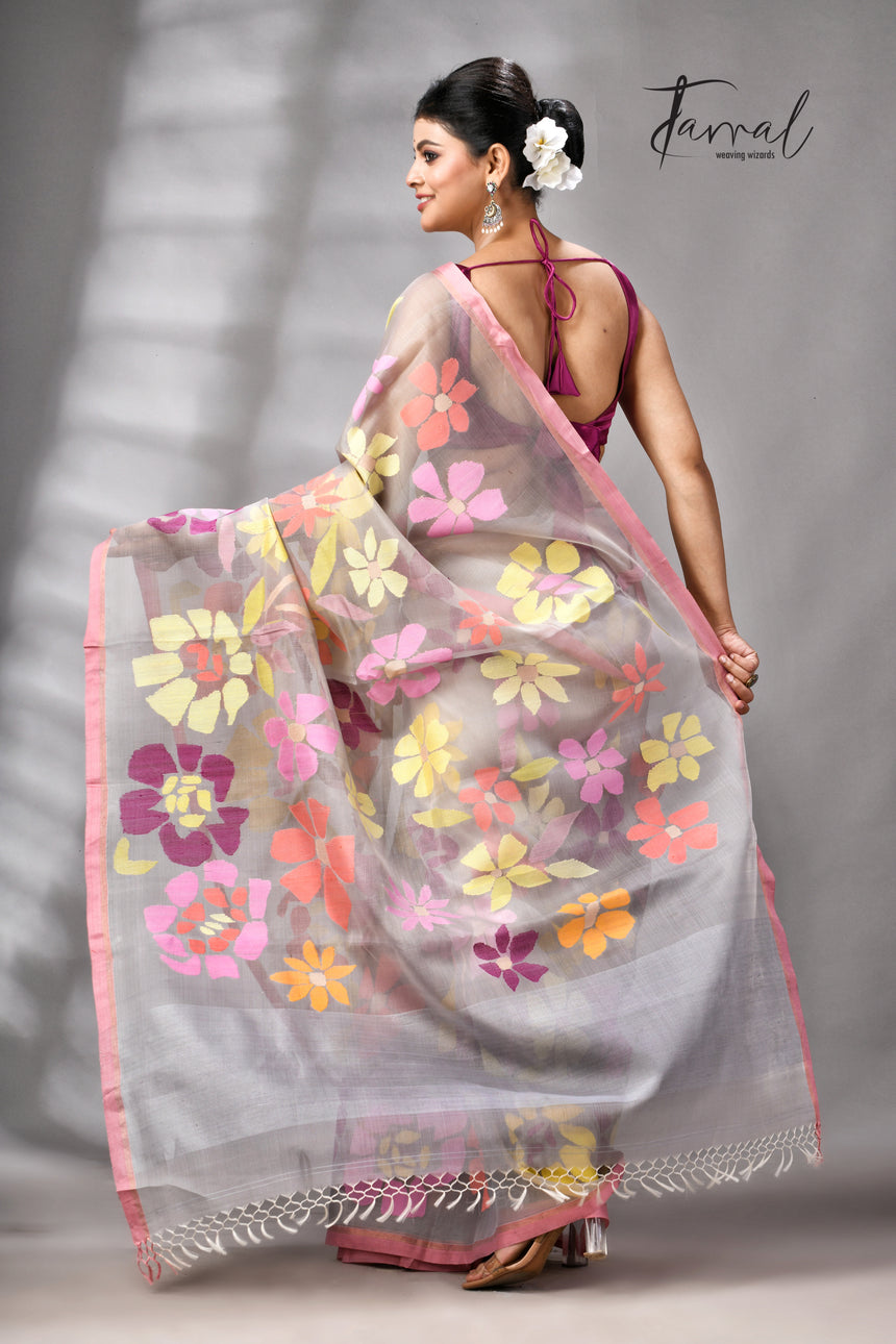 Grey With Dust Pink Border Allover Floral Handwoven Muslin Silk Jamdani Saree