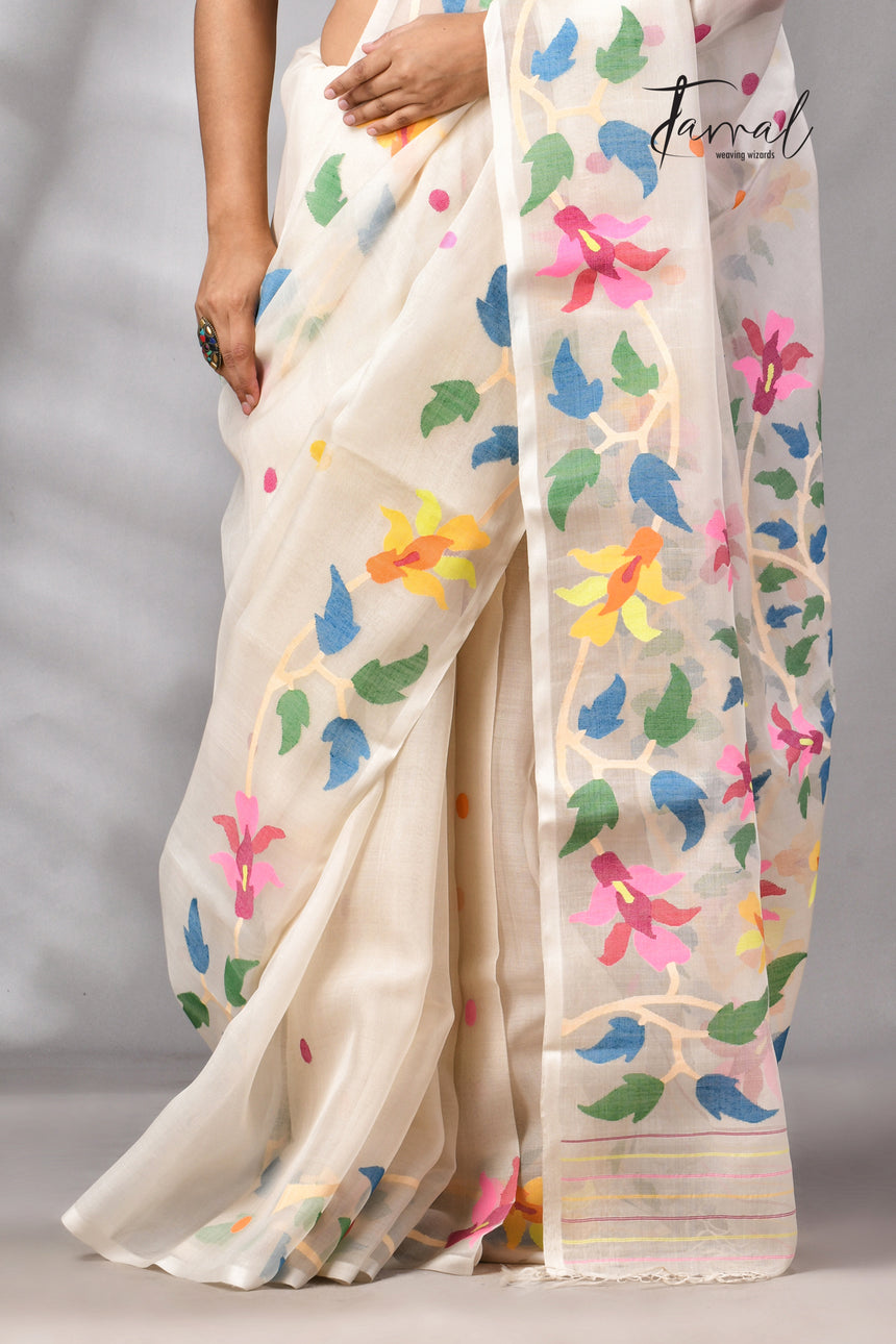 Offwhite With Multicolour Handwoven Jamdani Saree With Floral Border