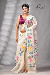 Offwhite With Multicolour Handwoven Jamdani Saree With Floral Border