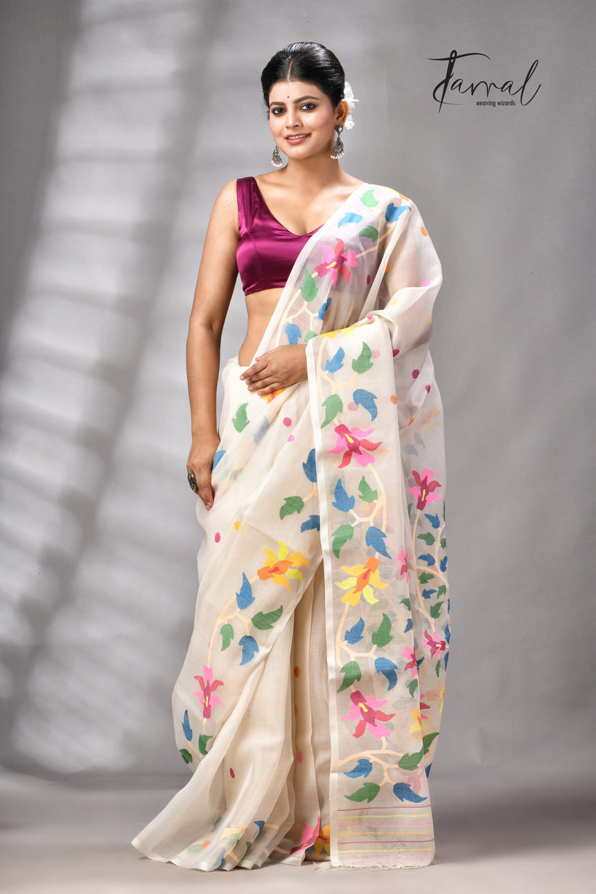 Offwhite With Multicolour Handwoven Jamdani Saree With Floral Border