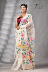 Offwhite With Multicolour Handwoven Jamdani Saree With Floral Border