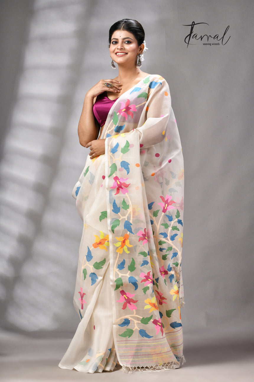 Offwhite With Multicolour Handwoven Jamdani Saree With Floral Border