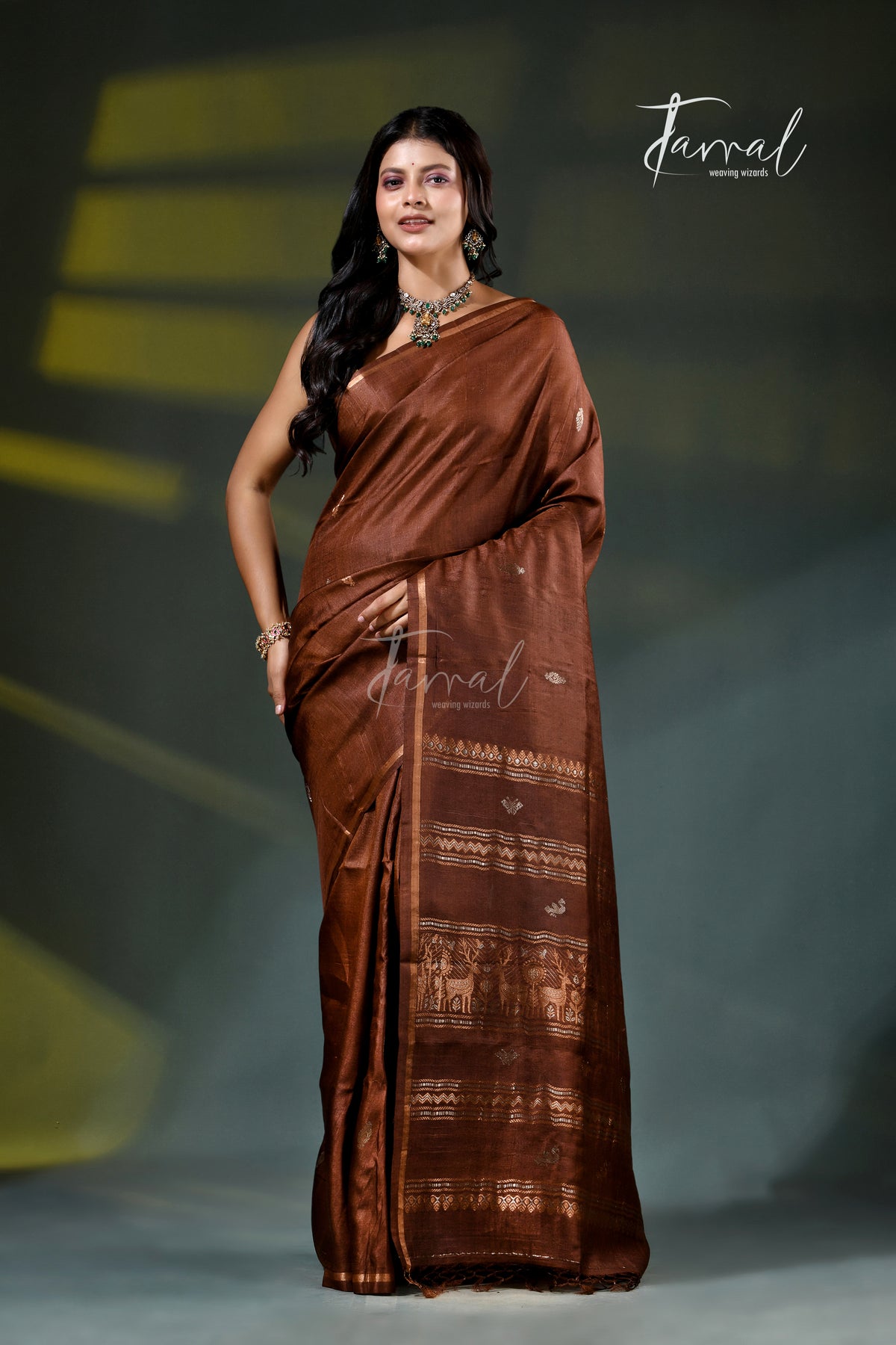 Brown Pure Tussar Silk Handloom Jamdani Saree | Silver & Golden Zari Motifs | Tamal Boutique