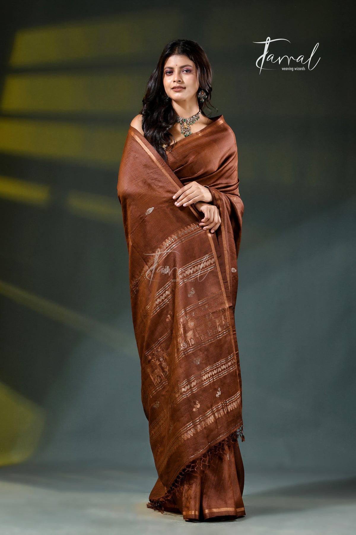 Brown Pure Tussar Silk Handloom Jamdani Saree | Silver & Golden Zari Motifs | Tamal Boutique