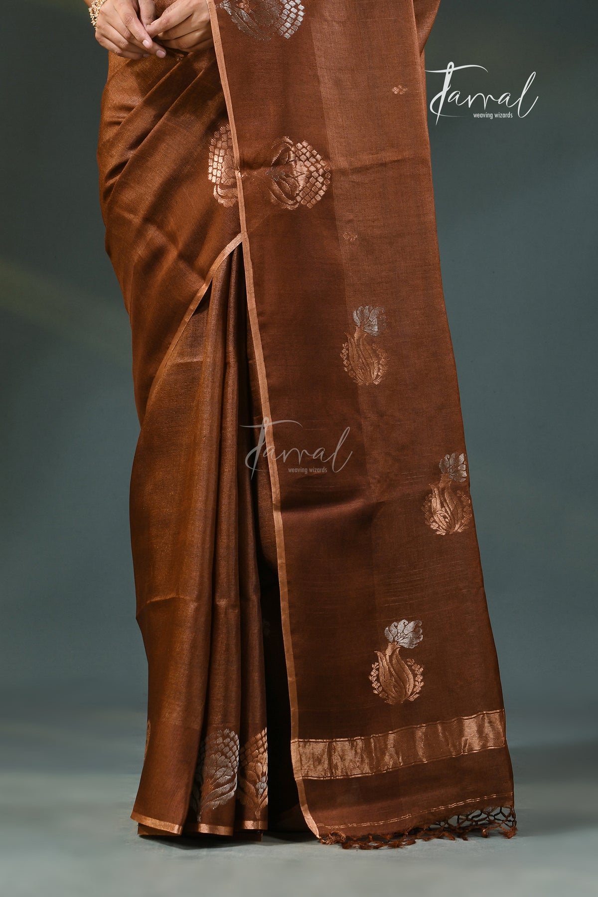 Brown Pure Tussar Silk Handloom Jamdani Saree | Silver & Golden Zari Motifs | Tamal Boutique
