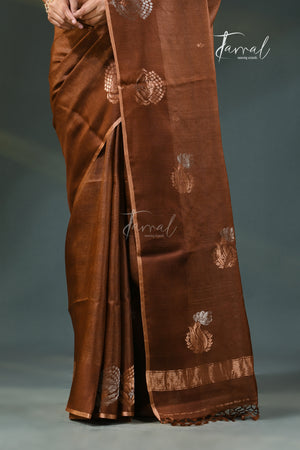 Brown Pure Tussar Silk Handloom Jamdani Saree | Silver & Golden Zari Motifs | Tamal Boutique