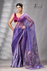 Dark Lavender Half Muslin & Half Matka Silk Handwoven Jamdani With Sequins Work Saree