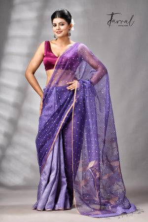 Dark Lavender Half Muslin & Half Matka Silk Handwoven Jamdani With Sequins Work Saree