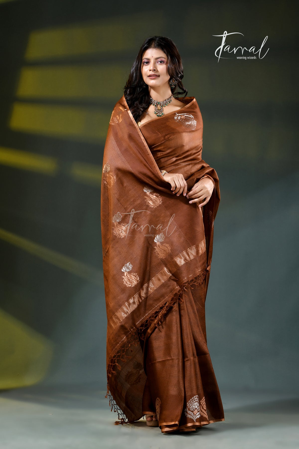 Brown Pure Tussar Silk Handloom Jamdani Saree | Silver & Golden Zari Motifs | Tamal Boutique