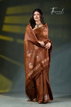 Brown Pure Tussar Silk Handloom Jamdani Saree | Silver & Golden Zari Motifs | Tamal Boutique