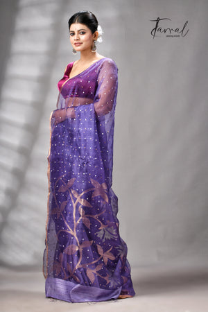 Dark Lavender Half Muslin & Half Matka Silk Handwoven Jamdani With Sequins Work Saree