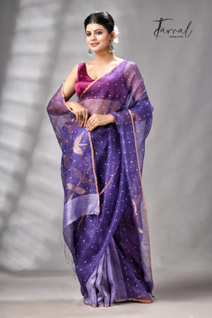 Dark Lavender Half Muslin & Half Matka Silk Handwoven Jamdani With Sequins Work Saree