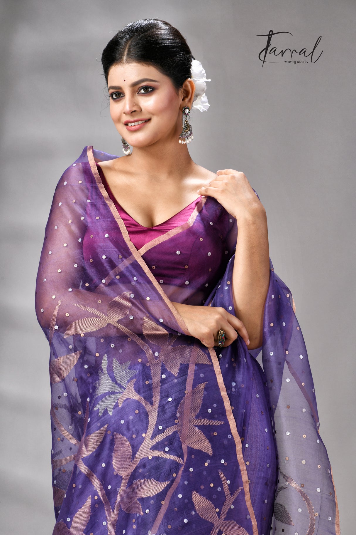 Dark Lavender Half Muslin & Half Matka Silk Handwoven Jamdani With Sequins Work Saree