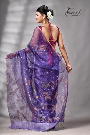 Dark Lavender Half Muslin & Half Matka Silk Handwoven Jamdani With Sequins Work Saree