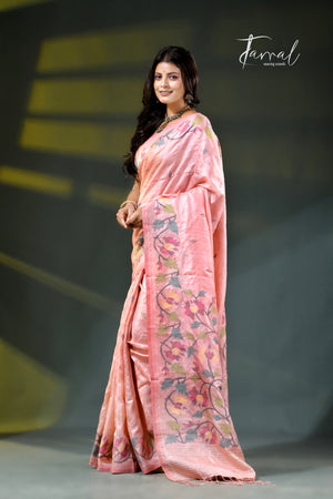 Pink with multicoloured tussar silk handwoven needlework jamdani saree