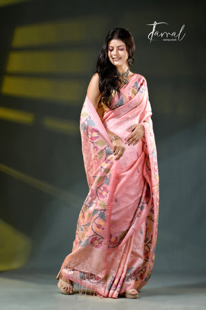 Pastel Rose Pink Tussar Silk Saree with Multicoloured Floral Handwoven Needlework