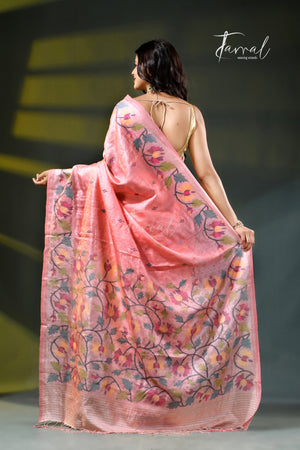 Pink with multicoloured tussar silk handwoven needlework jamdani saree