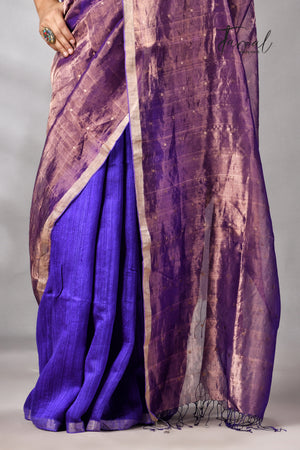 Copper Zari  With Purple Colour Half Tissue Sequins & Half Matka Silk Handloom Saree