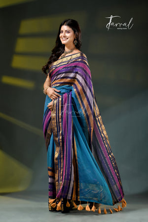 Peacock Blue Cotton Handloom Saree | Zari & Multi-Colour Stripe Weave | Tamal Boutique